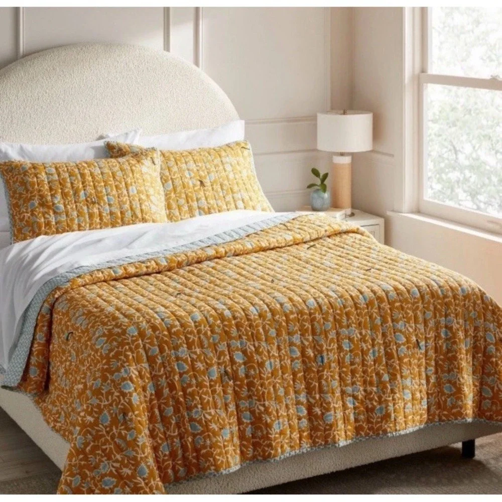 NEW Threshold Full/Queen Earthy Vines Quilt 100% Cotton Mustard Yellow Teal NWT